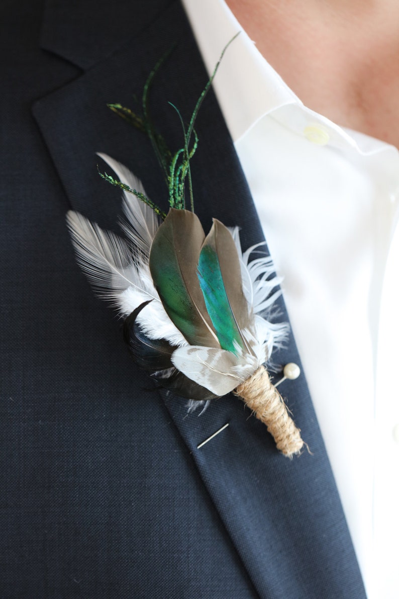 Green Teal Duck Mallard Feather Wristlet Rustic Wrist Corsage Boutonniere Woodland Wedding Hunter Groom Groomsmen Buttonhole Lapel Pin LEO