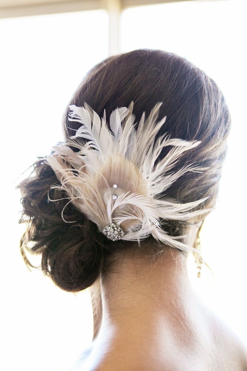 Ivory Champagne Peacock Feather Hair Clip Bride Great Gatsby Wedding Fascinator White Bridal Hairpiece Prom Vintage Rhinestones ULICIA image 5