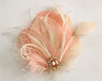 Peach Ivory Peacock Feather Clip | Ivory Petal Veil | Great Gatsby Wedding Hairpiece | Bridal Fascinator | Blush Pink Rhinestone | Corsage