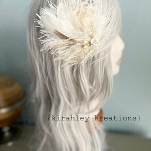 White Ivory Feather and Dried Flower Hairpiece Bridal Hair Comb Skeleton Leaf Hair Clip Babys Breath, Peacock Sword and Herl, Ostrich image 4