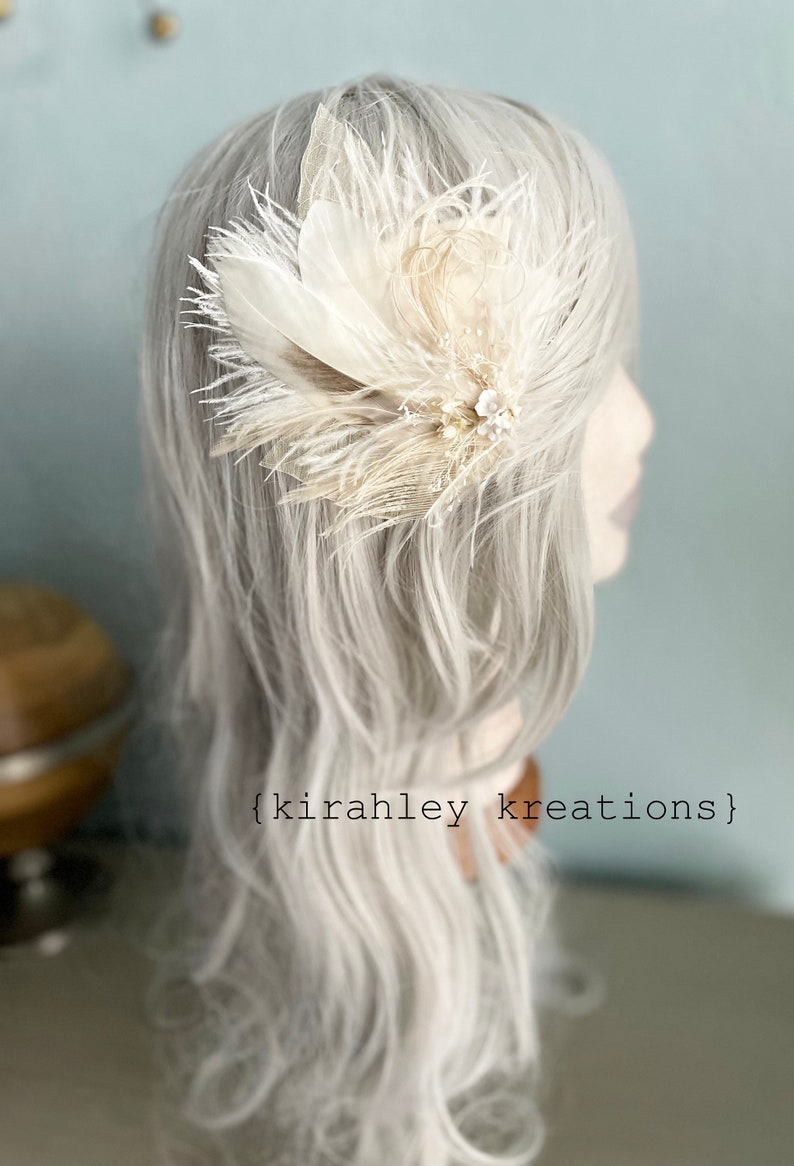 White Ivory Feather and Dried Flower Hairpiece Bridal Hair Comb Skeleton Leaf Hair Clip Babys Breath, Peacock Sword and Herl, Ostrich image 4