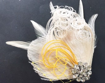 Yellow Ivory Peacock Feather Hair Clip | Bride Wedding Great Gatsby Fascinator | Bridal Bridesmaid TARA Headpiece Gold Veil Pearl Rhinestone