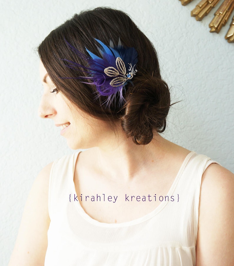 Lavender Purple Beaded Leaf Feather Headpiece SHIP READY Blue Rhinestone Wedding Fascinator Bridal Bride Bridesmaid Hair Clip Navy Blue Gray