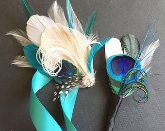 Turquoise Peacock Boutonniere | Great Gatsby Groom Lapel Pin | Teal Feather Wedding Hair Clip | Prom Wrist Corsage | Brides Something Blue