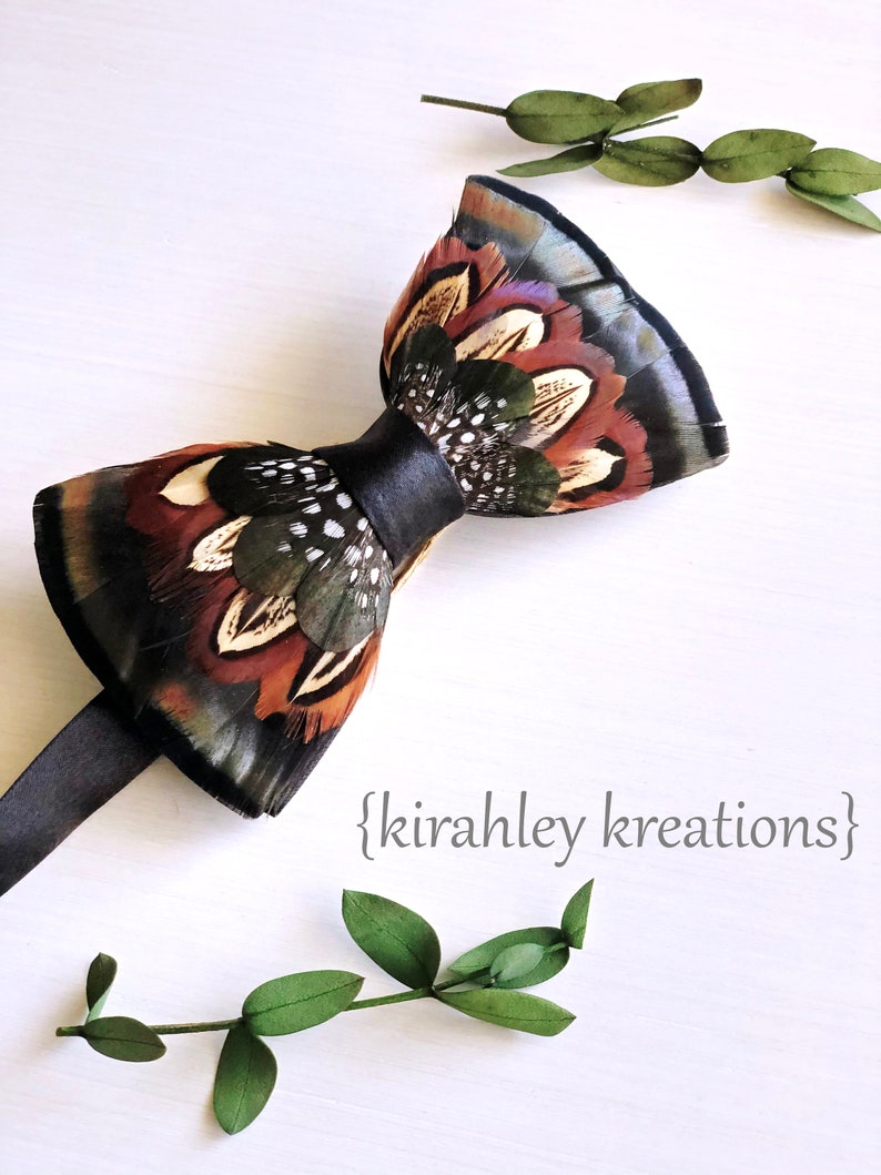 LEIF Rustic Feather Bow Tie Turkey Pheasant Guinea Bronze & Emerald Green Feathers Hunter Groom Wedding Attire Mens Leather Neck Tie image 7