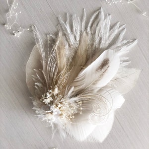 White Ivory Feather and Dried Flower Hairpiece Bridal Hair Comb Skeleton Leaf Hair Clip Babys Breath, Peacock Sword and Herl, Ostrich image 8