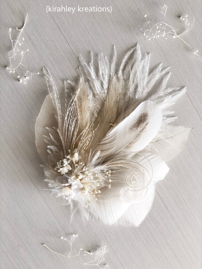 White Ivory Feather and Dried Flower Hairpiece Bridal Hair Comb Skeleton Leaf Hair Clip Babys Breath, Peacock Sword and Herl, Ostrich image 8