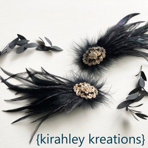 Black Feather Hair Clip Gold Rhinestone Hairpiece Great Gatsby Wedding Flapper Headpiece Black Shoe Clips Bridal Ostrich Clip image 4