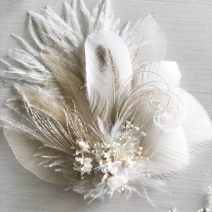 White Ivory Feather and Dried Flower Hairpiece Bridal Hair Comb Skeleton Leaf Hair Clip Babys Breath, Peacock Sword and Herl, Ostrich image 7