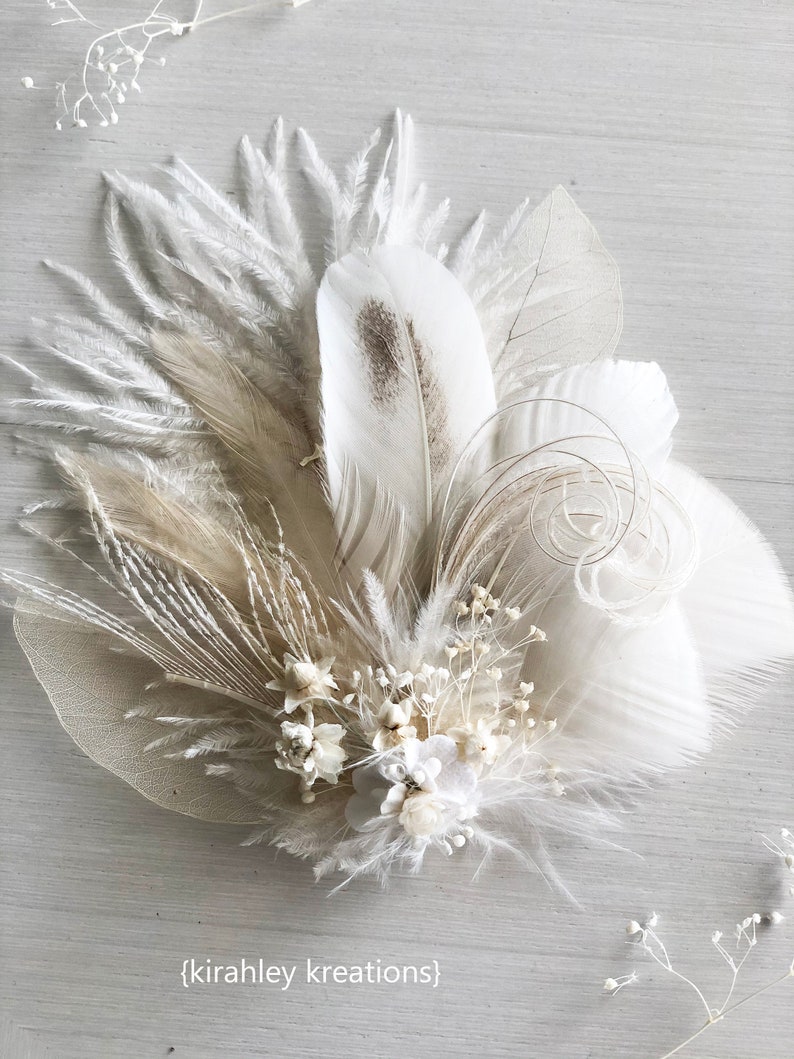 White Ivory Feather and Dried Flower Hairpiece Bridal Hair Comb Skeleton Leaf Hair Clip Babys Breath, Peacock Sword and Herl, Ostrich image 7