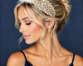 Gold Crystal Wedding Headband | Great Gatsby Feather Headpiece | Bridal Flapper Style Rhinestone Hairpiece | White Ostrich Bride Hair Clip