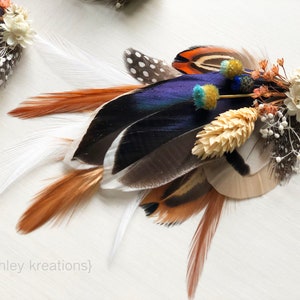 Mallard Feather Wedding Boutonniere Duck Feather Wrist Corsage Groom Pheasant Boutonniere Blue Dried Flowers Rustic Fall Bridal Clip image 4