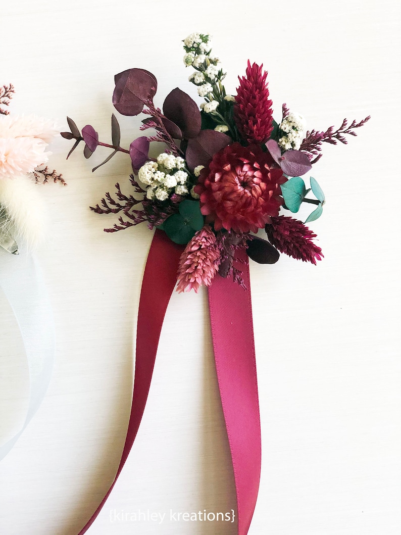 Burgundy Wine Flower Wrist Corsage Bridal Corsage Prom Bridesmaids Flower Accessory Bouquet Dried Floral Wristlet Mothers Brooch Pin
