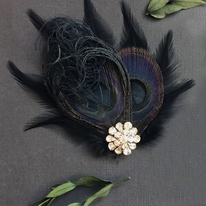 Black Peacock Feather Hair Clip Dark Wedding Fascinator Great Gatsby Holiday Hairpiece Rhinestone Corsage Goth Halloween Headpiece image 8