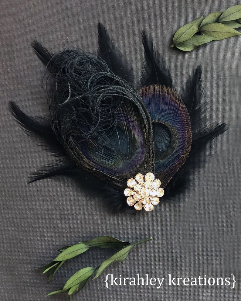 Black Peacock Feather Hair Clip Dark Wedding Fascinator Great Gatsby Holiday Hairpiece Rhinestone Corsage Goth Halloween Headpiece image 8