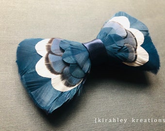 Navy Blue and White Feather Bow Tie | Groom Wedding Bowtie | Blue Lady Amherst Pheasant Neck Tie | Lapel Pin, Groomsmen Boutonniere Keepsake