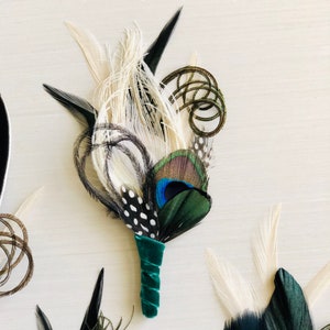 Peacock Feather Boutonniere Ivory Emerald Green Black Great Gatsby Wedding Groom Velvet Lapel Pin Prom Gala Special Event Corsage image 5