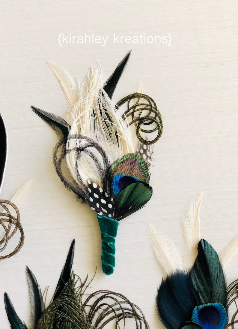 Peacock Feather Boutonniere Ivory Emerald Green Black Great Gatsby Wedding Groom Velvet Lapel Pin Prom Gala Special Event Corsage image 5