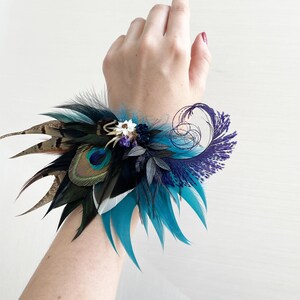 Mallard, Peacock Feather, Dried Flower Hair Clip Teal Blue Black, Purple Hairpiece Jewel Tone Wedding Corsage Rustic Groom Boutonniere Wrist Corsage