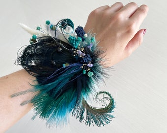 Black Peacock Feather + Dried Flower Corsage | Navy Blue, Dark Green, Purple Hairpiece | Jewel Tone Wedding Hair Clip | Groom Boutonniere