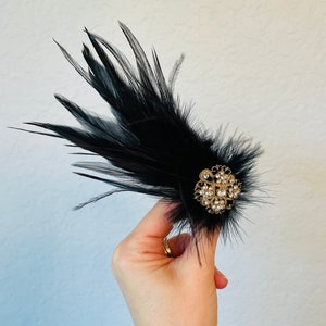 Zwarte veren haarclip Gouden strass haarstukje Grote Gatsby-bruiloft Flapper-zendspoel Zwarte schoenclips Bruids Struisvogel Clip afbeelding 5