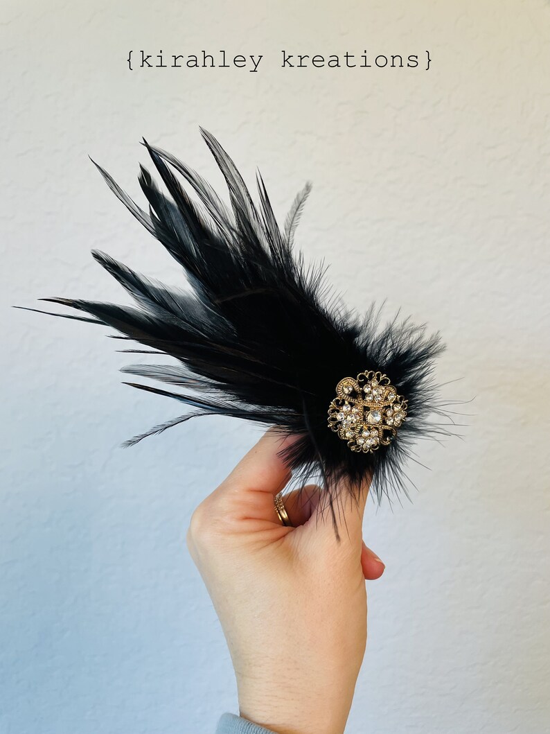 Zwarte veren haarclip Gouden strass haarstukje Grote Gatsby-bruiloft Flapper-zendspoel Zwarte schoenclips Bruids Struisvogel Clip afbeelding 5