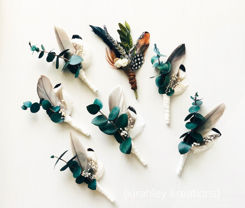 Eucalyptus Wedding Boutonniere | Gray Duck Feather Lapel Pin | Rustic