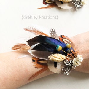 Mallard Feather Wedding Boutonniere Duck Feather Wrist Corsage Groom Pheasant Boutonniere Blue Dried Flowers Rustic Fall Bridal Clip image 10