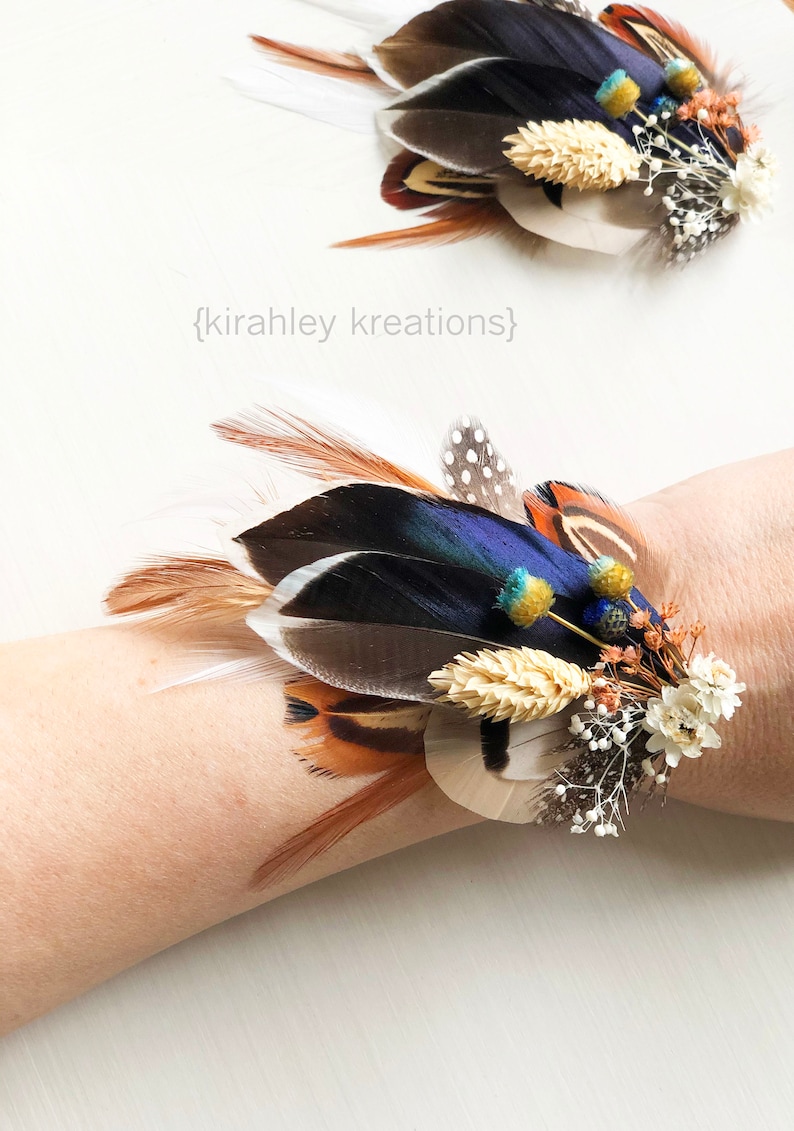 Mallard Feather Wedding Boutonniere Duck Feather Wrist Corsage Groom Pheasant Boutonniere Blue Dried Flowers Rustic Fall Bridal Clip image 10