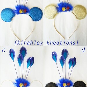 May include: Four different mouse ear headbands with a peacock feather design. Each headband has a different ear style: blue glitter, gold glitter, plain white, and black sequin. The text "{kirahley kreations}" is in the center.