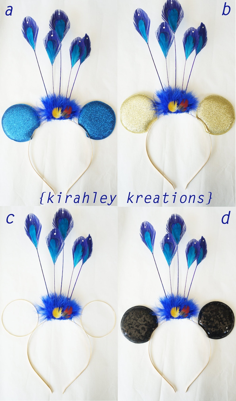 May include: Four different mouse ear headbands with a peacock feather design. Each headband has a different ear style: blue glitter, gold glitter, plain white, and black sequin. The text "{kirahley kreations}" is in the center.