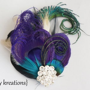 Purple Peacock Sword Feather Hair Clip Teal Green Black Ivory Bridal Fascinator Bridesmaid Wedding Great Gatsby Headpiece Prom Corsage image 1