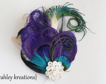 Fermaglio per capelli con piume di spada di pavone viola / Fascinator da sposa verde acqua nero avorio / matrimonio da damigella d'onore Grande copricapo Gatsby / Corsage di ballo