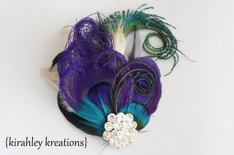 Purple Peacock Sword Feather Hair Clip Teal Green Black Ivory Bridal Fascinator Bridesmaid Wedding Great Gatsby Headpiece Prom Corsage image 1