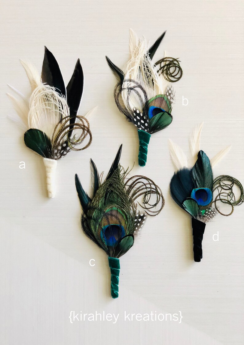 Peacock Feather Boutonniere Ivory Emerald Green Black Great Gatsby Wedding Groom Velvet Lapel Pin Prom Gala Special Event Corsage image 2