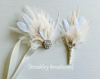 Ivory Peacock Feather Boutonniere | Great Gatsby Wedding | White Champagne Groom Lapel Pin | Prom Wrist Corsage, Ceremony Buttonhole ULICIA