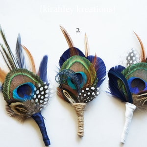 Peacock Feather Boutonniere Navy Blue Groom Wedding Keepsake Groomsmen Lapel Pin Bronze, Burnt Orange, Guinea TRENT Prom Buttonhole image 2