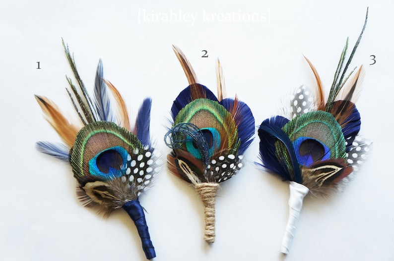 Peacock Feather Boutonniere Navy Blue Groom Wedding Keepsake Groomsmen Lapel Pin Bronze, Burnt Orange, Guinea TRENT Prom Buttonhole image 2