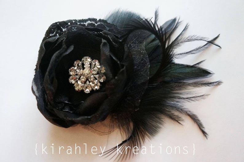 Black Feather & Flower Fascinator Gothic Wedding Hair Clip Halloween Headpiece Rhinestone Bride Hairpiece Black Ostrich Prom Corsage image 3