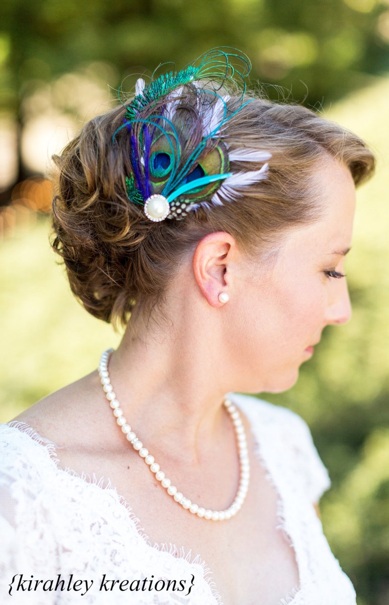 Purple Peacock Sword Feather Hair Clip Teal Green Black Ivory Bridal Fascinator Bridesmaid Wedding Great Gatsby Headpiece Prom Corsage image 6
