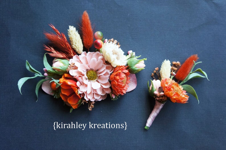 Coral Peach Orange Ivory Flower Hairpiece Bridal Wedding Hair Clip Comb Dried Florals Silk Flowers Green Leaves Berries Bride Fascinator