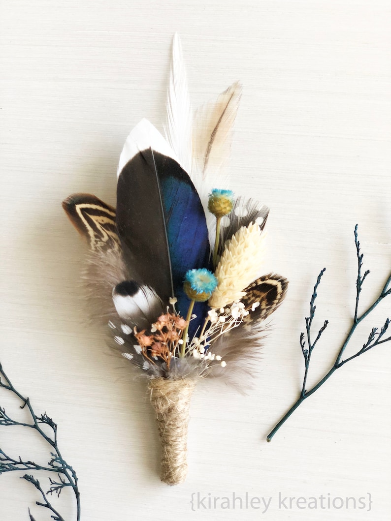 Mallard Feather Wedding Boutonniere Duck Feather Wrist Corsage Groom Pheasant Boutonniere Blue Dried Flowers Rustic Fall Bridal Clip image 6