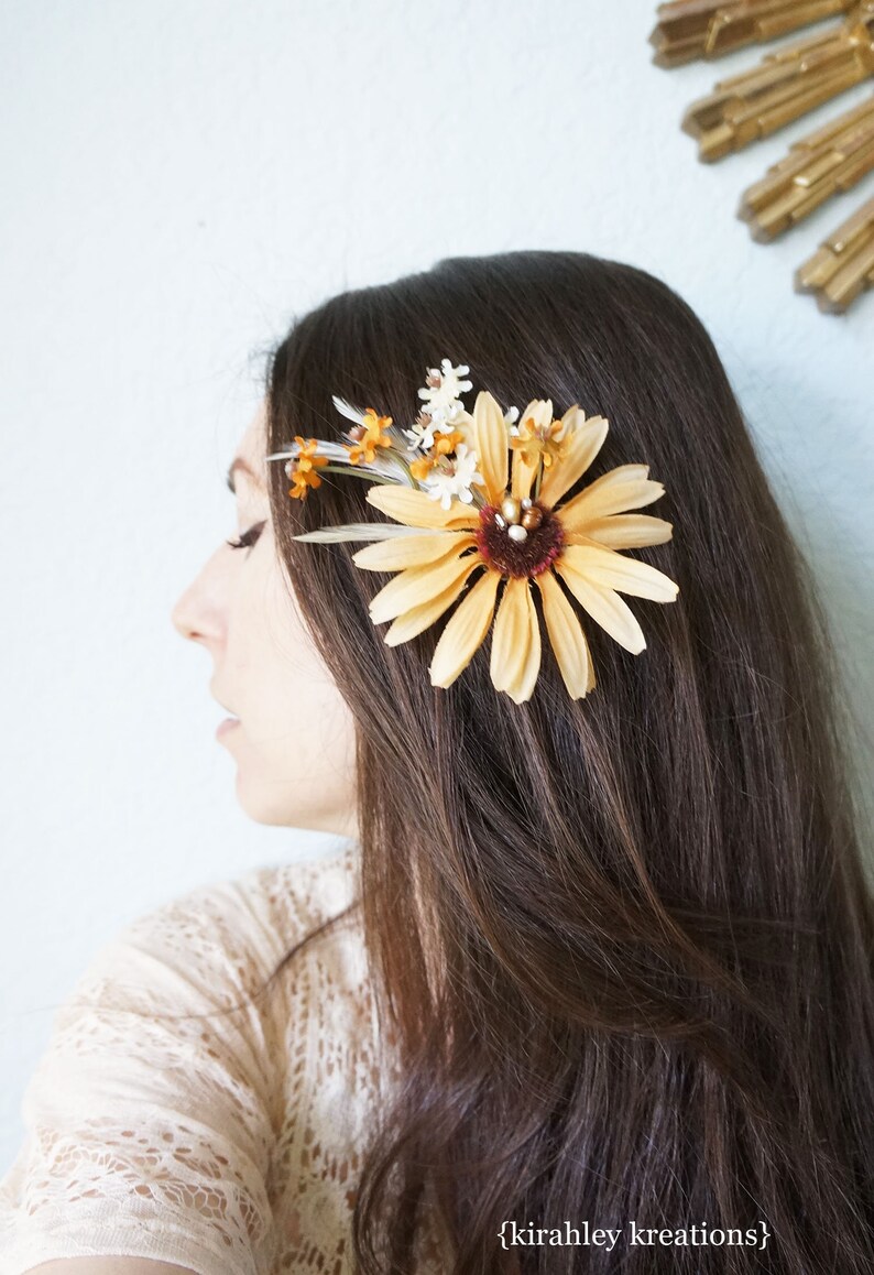 Rustic DAISY Flower Boho Bride Hair Clip SHIP READY Autumn Fall Wedding Bridal Hairpiece Blooms Headpiece Ivory Feathers Freshwater Pearl