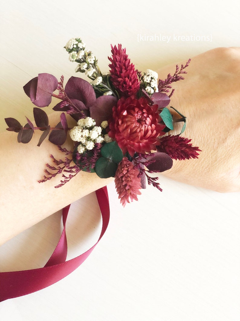 Burgundy Wine Flower Wrist Corsage Bridal Corsage Prom Bridesmaids Flower Accessory Bouquet Dried Floral Wristlet Mothers Brooch Pin