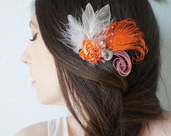 Orange Peacock Feather and Pink Rose Hair Clip | Ivory Birdcage Veil | Wedding Lace | Duck Fascinator | Bride Headpiece | Flower Hairpiece