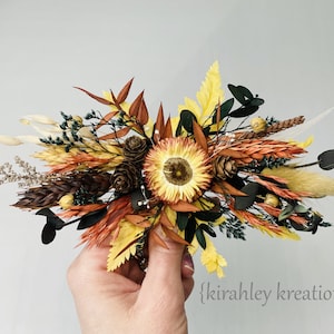 Large Fall Dried Flower Hairpiece | Rustic Wedding Flower Hair Comb | Rust Orange, Golden Yellow, Dark Green, Brown | Bridal Hair Adornment