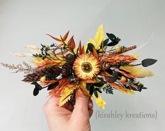 Fall Dried Flower Hairpiece | Rustic Wedding Flower Hair Comb | Rust Orange, Golden Yellow, Dark Green, Brown | Bridal Hair Adornment