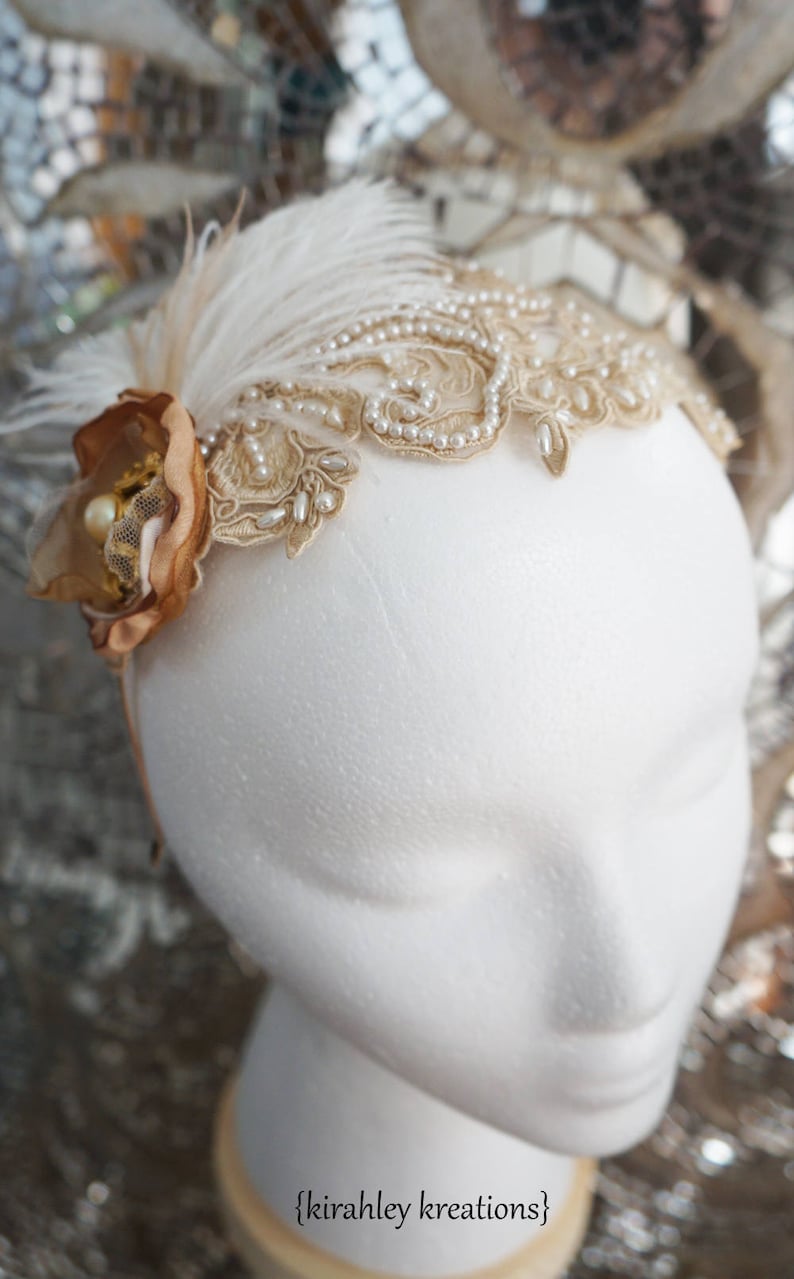 Gold Vintage Pearl Great Gatsby Headband SHIP READY Ostrich Feather Taupe Beige Lace Leaf Applique Wedding Bride Bridal Headpiece Crown