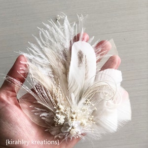 White Ivory Feather and Dried Flower Hairpiece Bridal Hair Comb Skeleton Leaf Hair Clip Babys Breath, Peacock Sword and Herl, Ostrich image 9