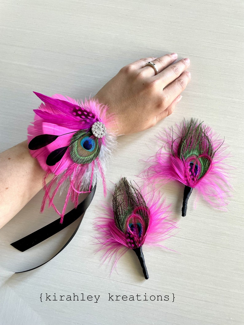 Hot Pink & Black Peacock Corsage Wedding Feather Hair Clip Bride Fuchsia Fascinator Groom Boutonniere Great Gatsby Prom Headpiece image 1